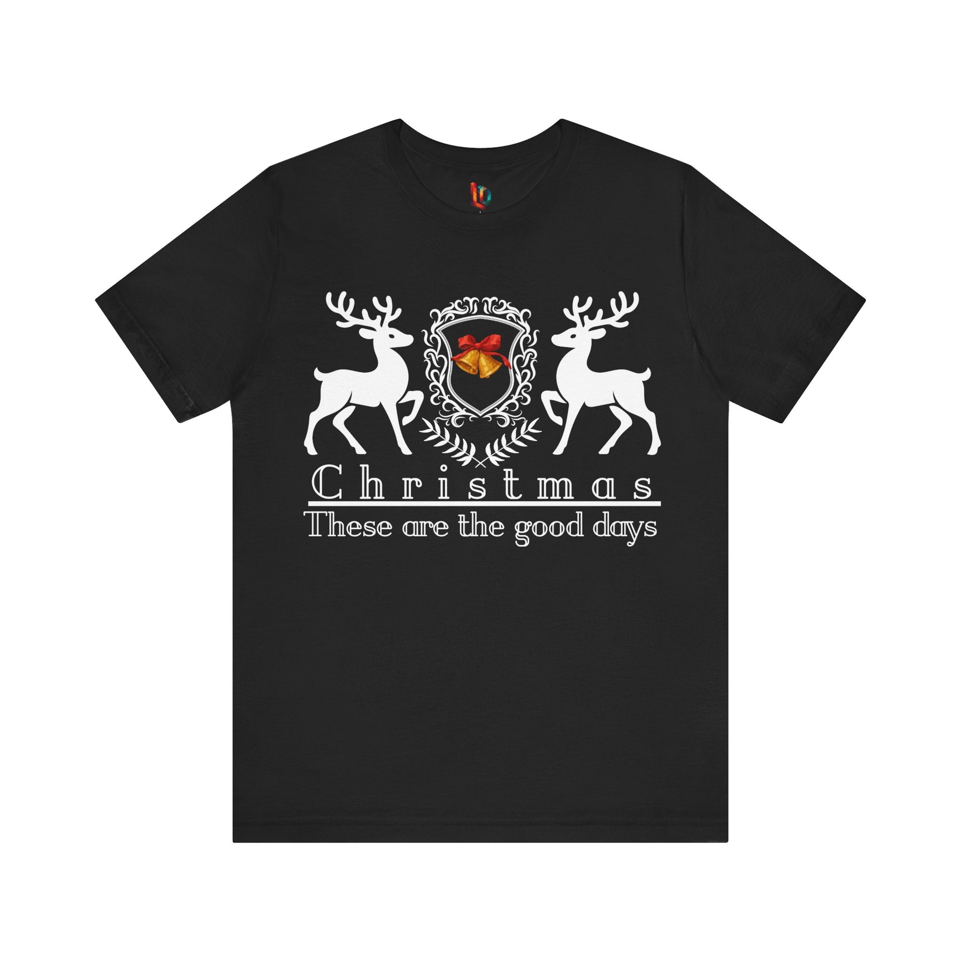 Black t-shirt with Christmas design featuring deer and text on a white background