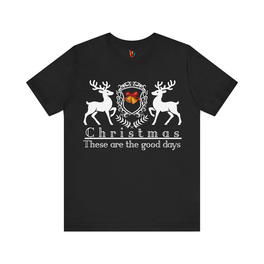 Black t-shirt with Christmas design featuring deer and text on a white background