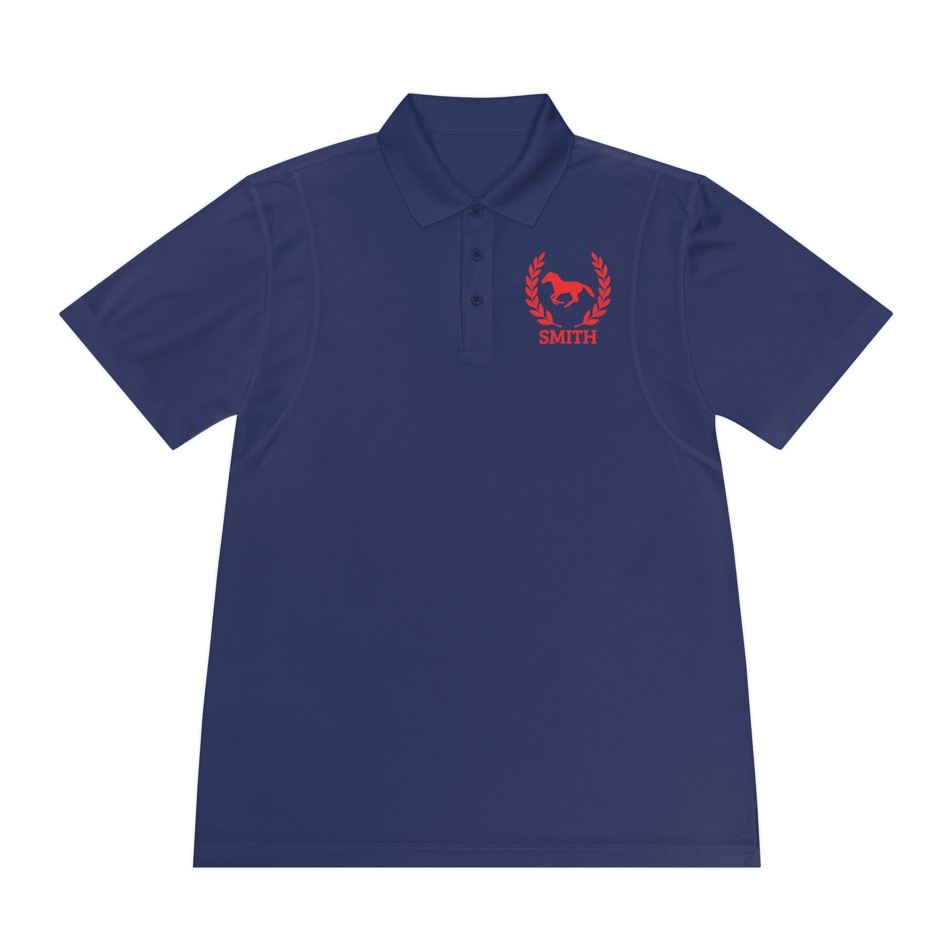 black polo shirt red horse Navy blue polo shirt with red logo and text on a white background