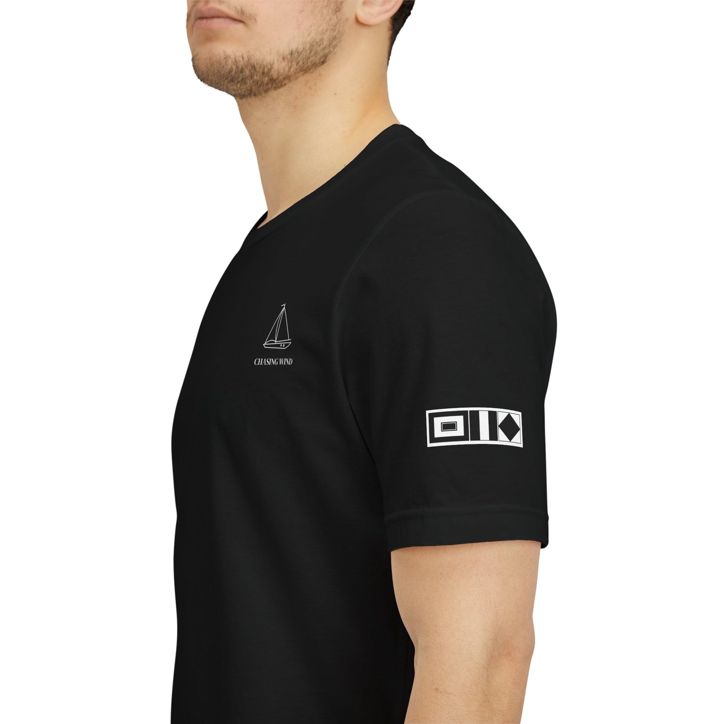 Black t-shirt with text on a white background