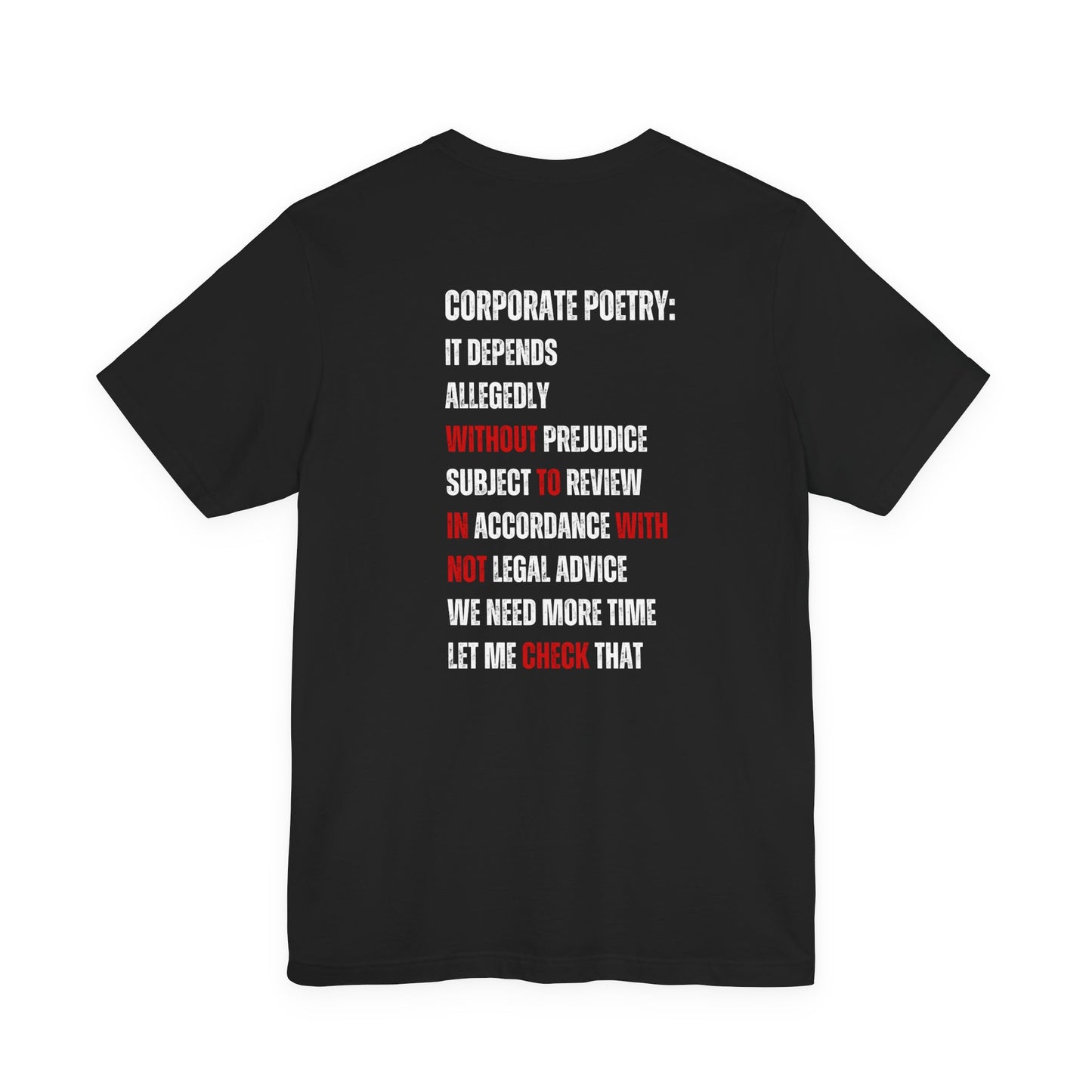 Black t-shirt with white and red text on a white background