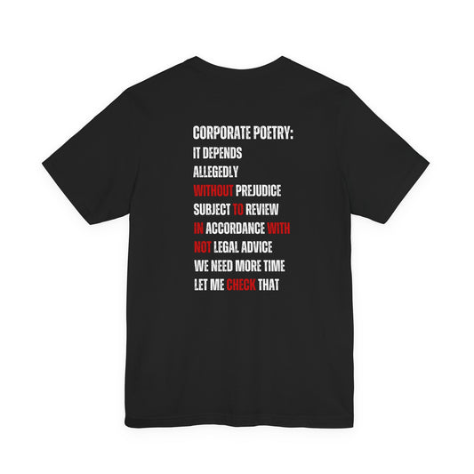 Black t-shirt with white and red text on a white background
