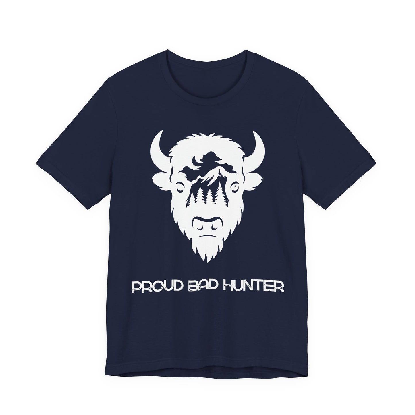 Black t-shirt with white and gold graphic design on a white background