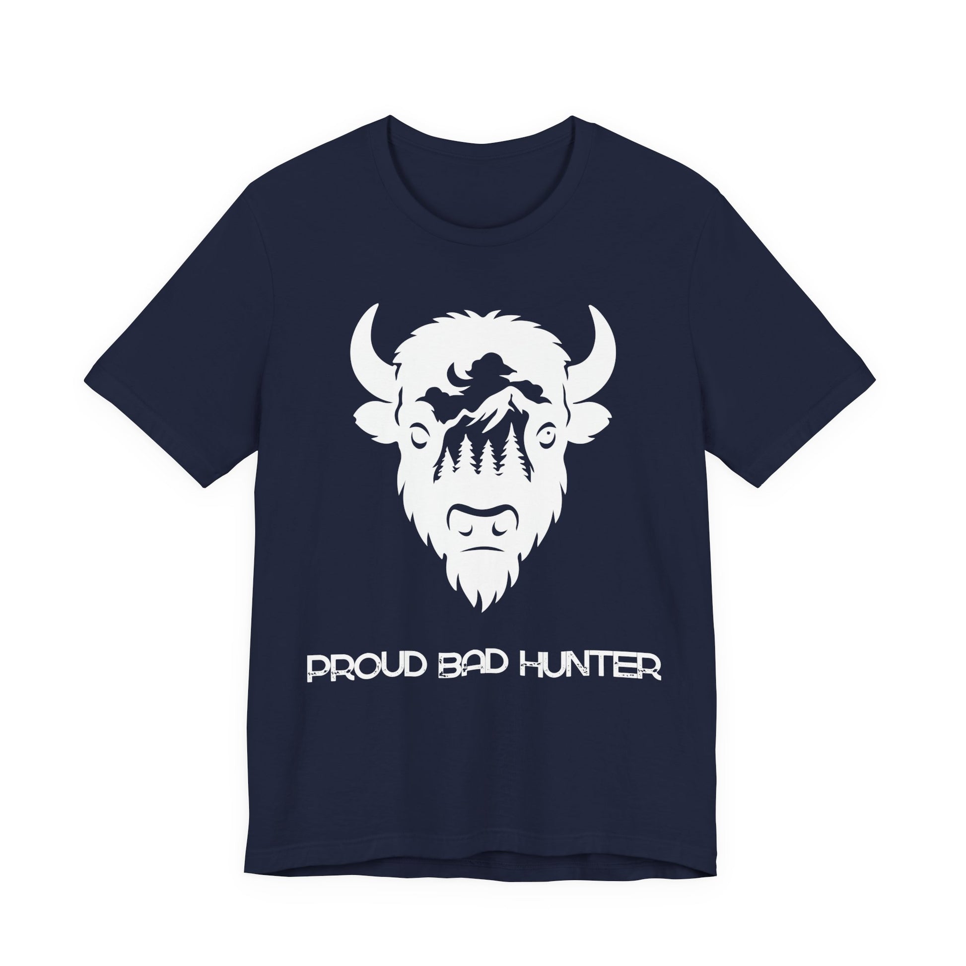 Black t-shirt with white and gold graphic design on a white background