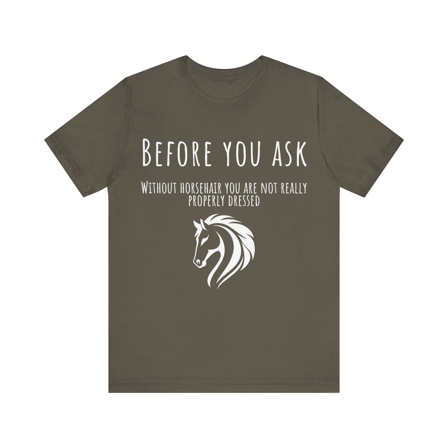 Brown t-shirt with white horse graphic and text on a white background