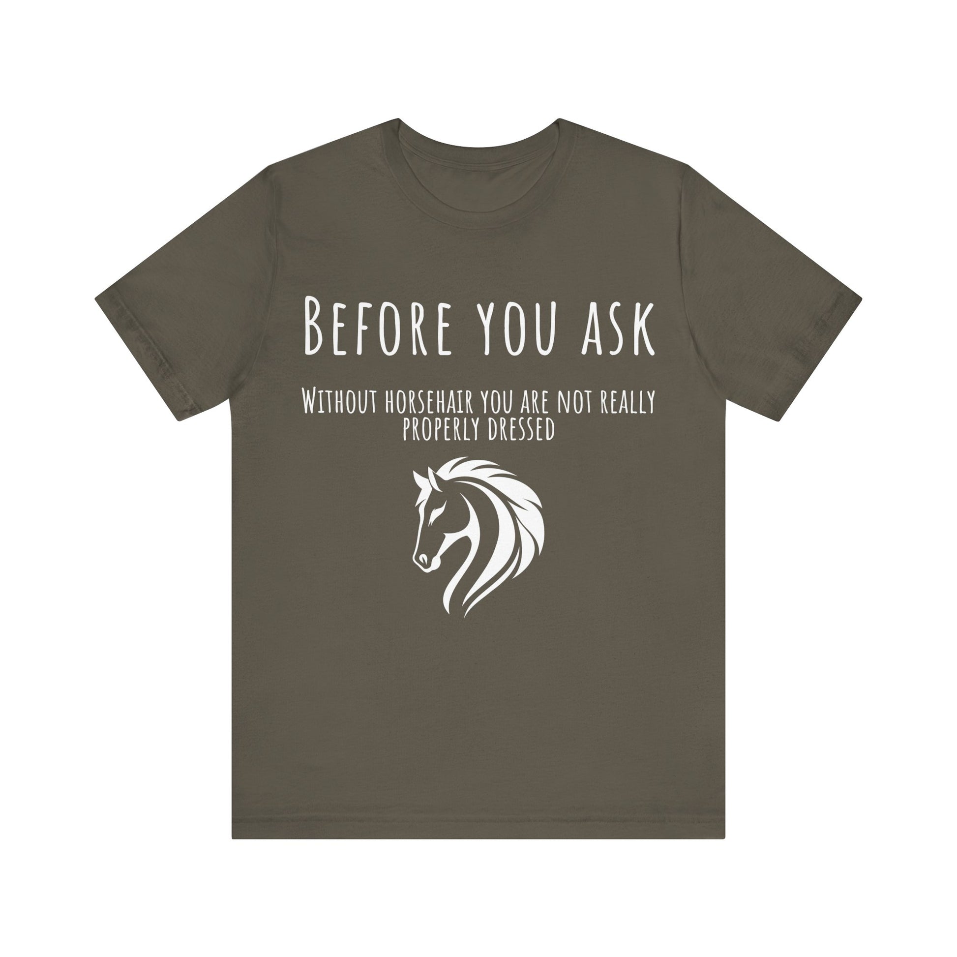 Brown t-shirt with white horse graphic and text on a white background
