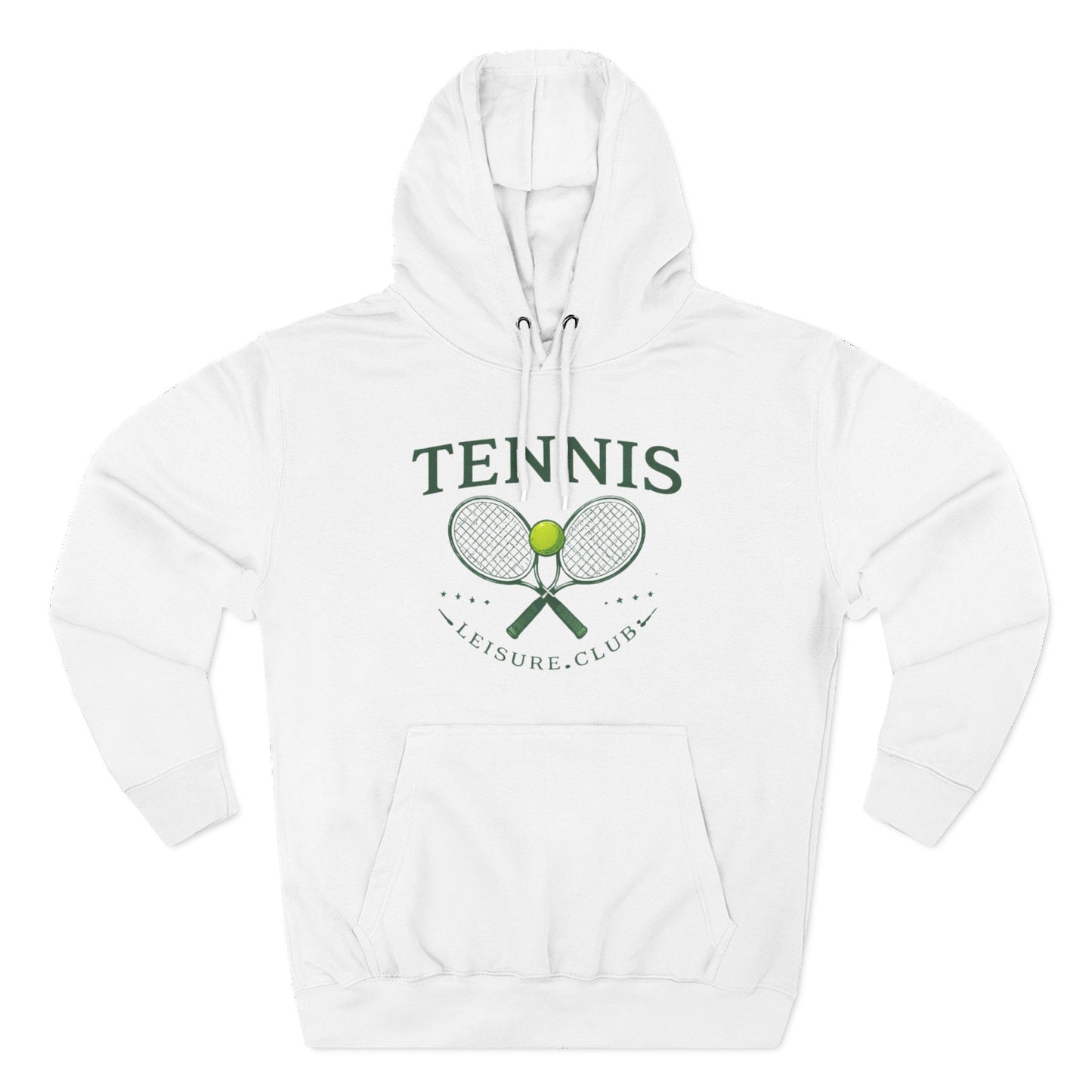 White hoodie with tennis-themed design on a white background