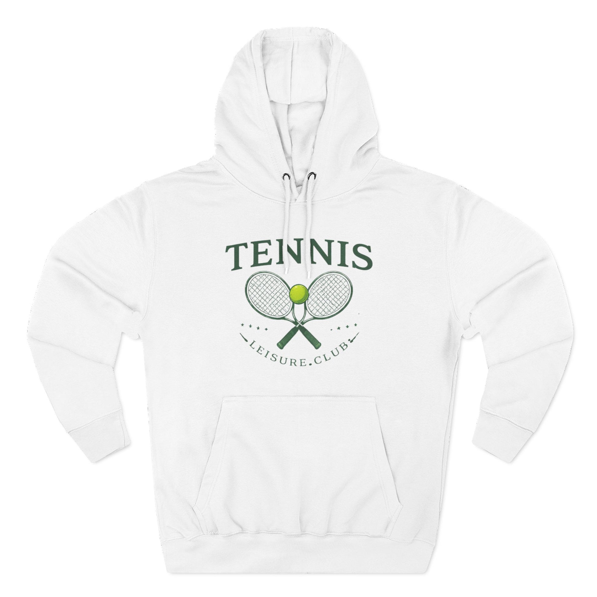 White hoodie with tennis-themed design on a white background