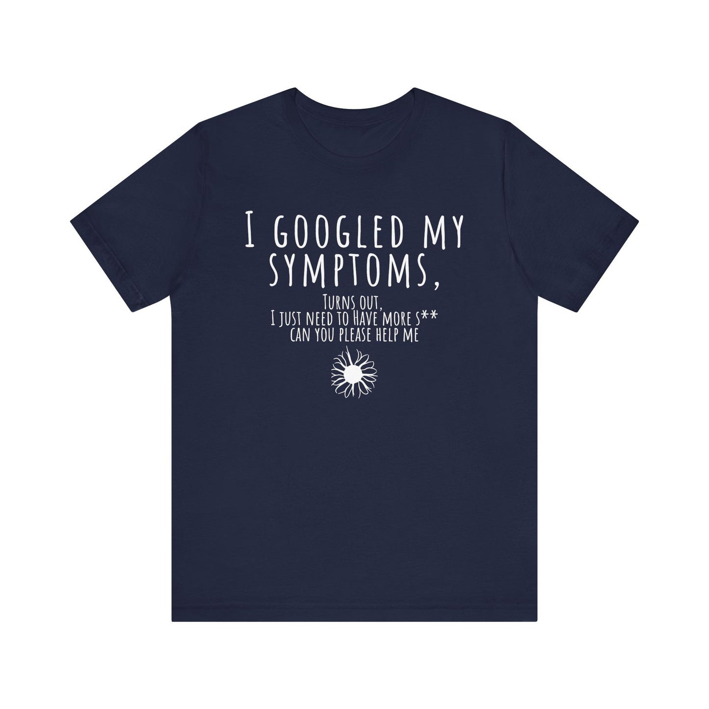 Navy blue t-shirt with white text and graphic on a white background