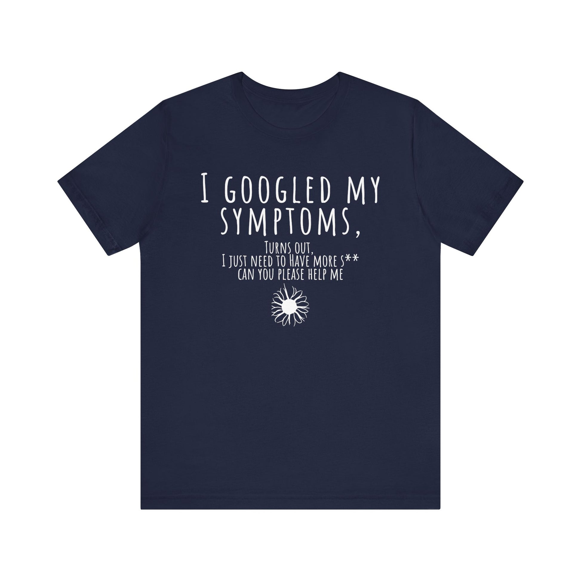 Navy blue t-shirt with white text and graphic on a white background