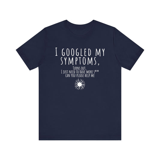 Navy blue t-shirt with white text and graphic on a white background