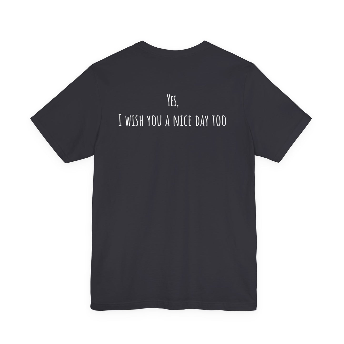 Black t-shirt with white text on the back on a white background