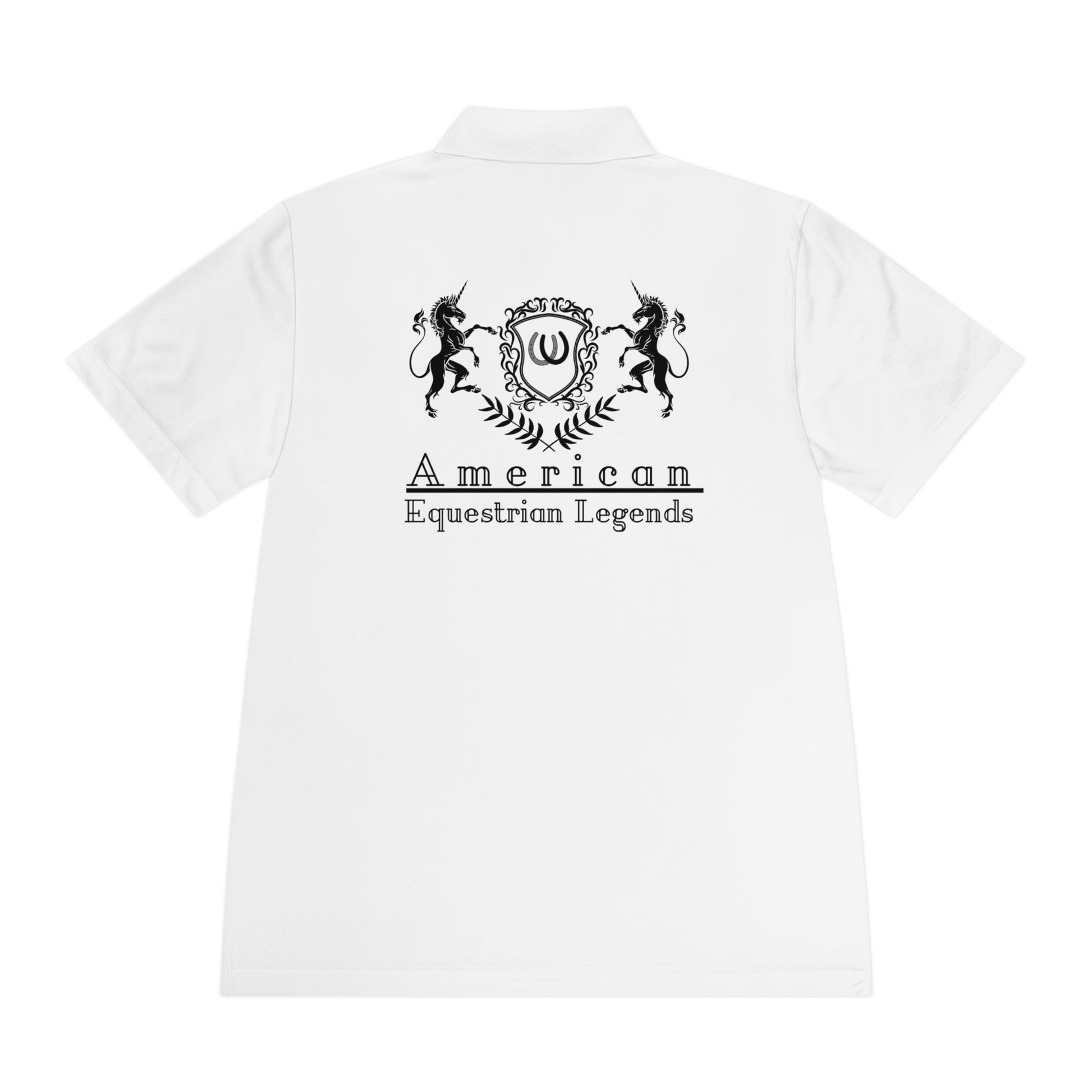 White polo shirt with 'American Equestrian Legends' logo on the back