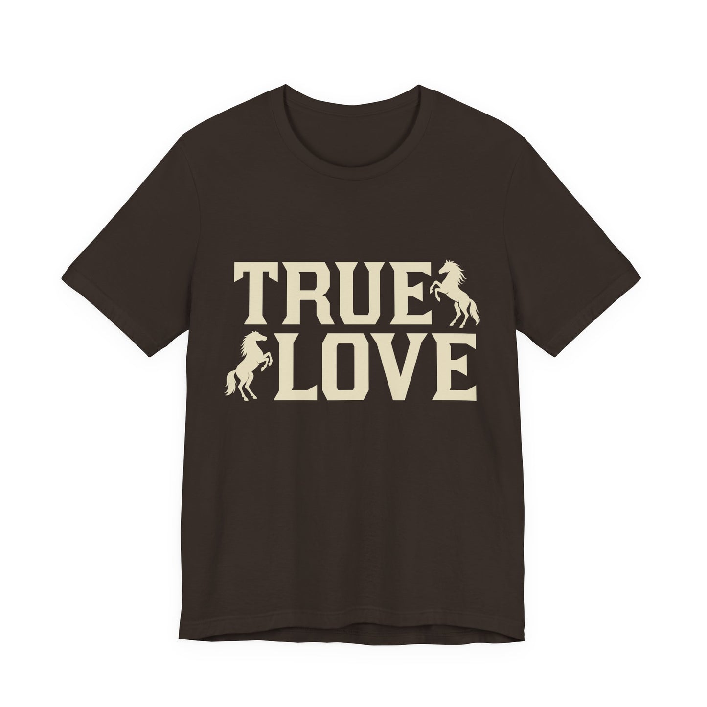 Black t-shirt with 'TRUE LOVE' text and horse graphics on a white background