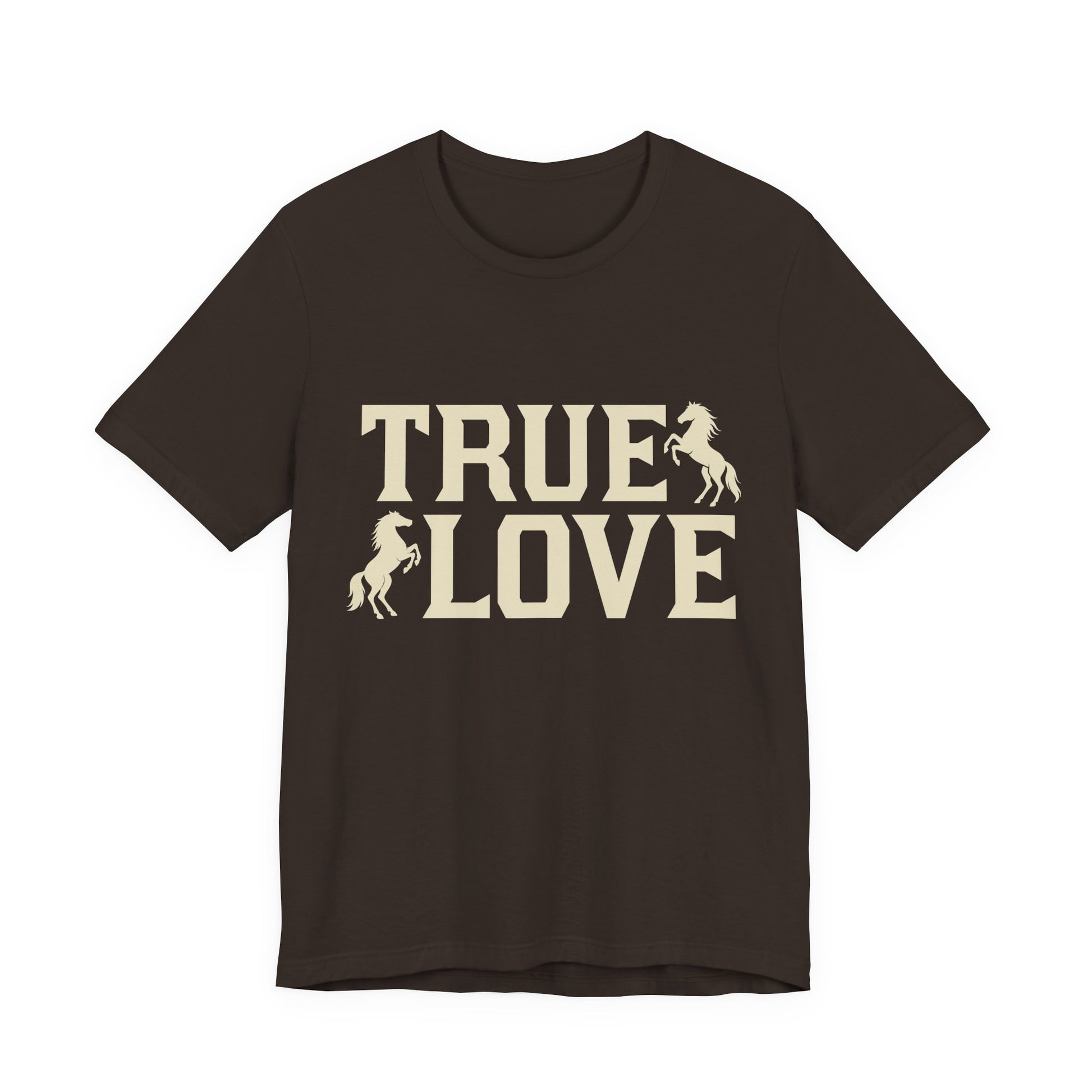 Black t-shirt with 'TRUE LOVE' text and horse graphics on a white background
