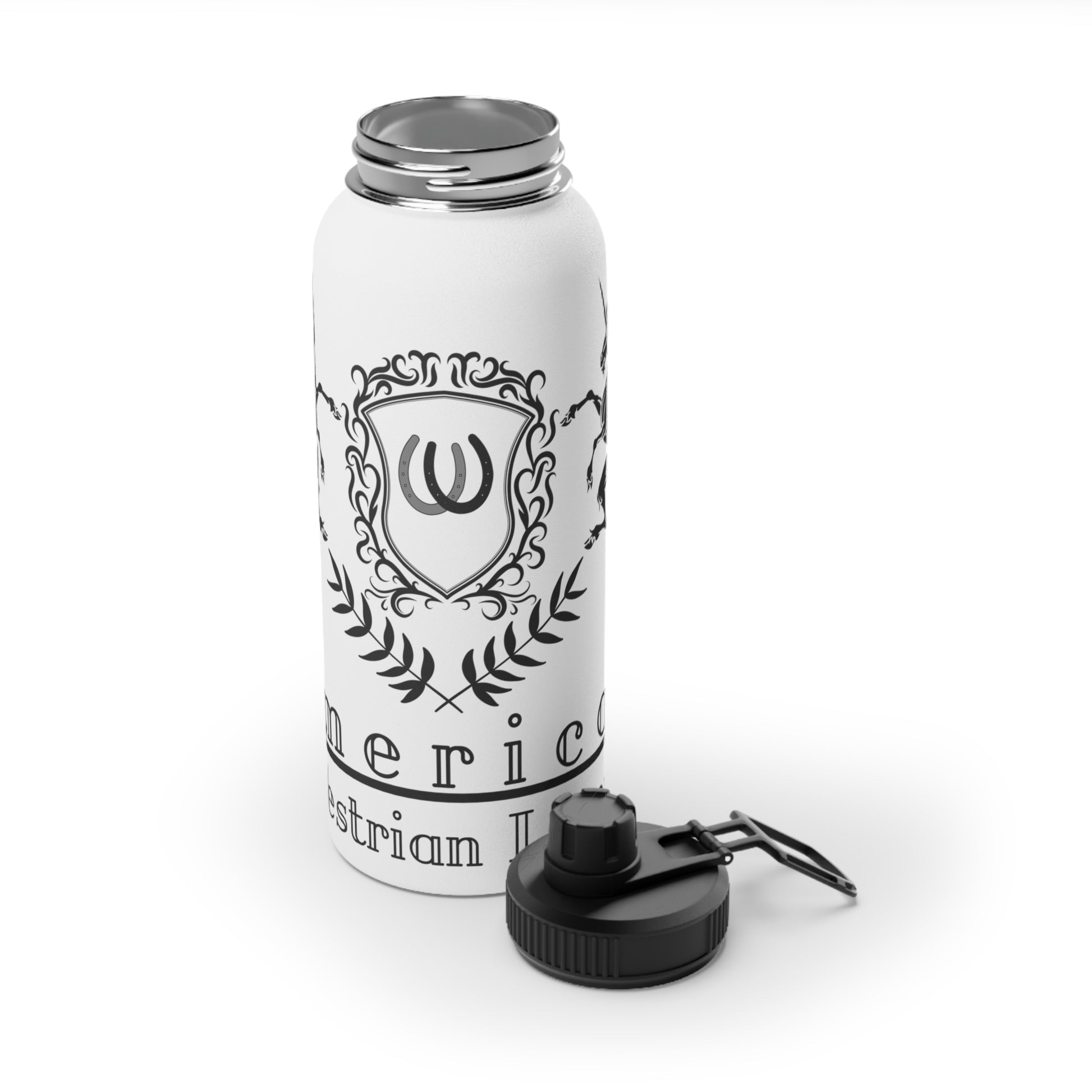 White water bottle with black design and cap on a white background