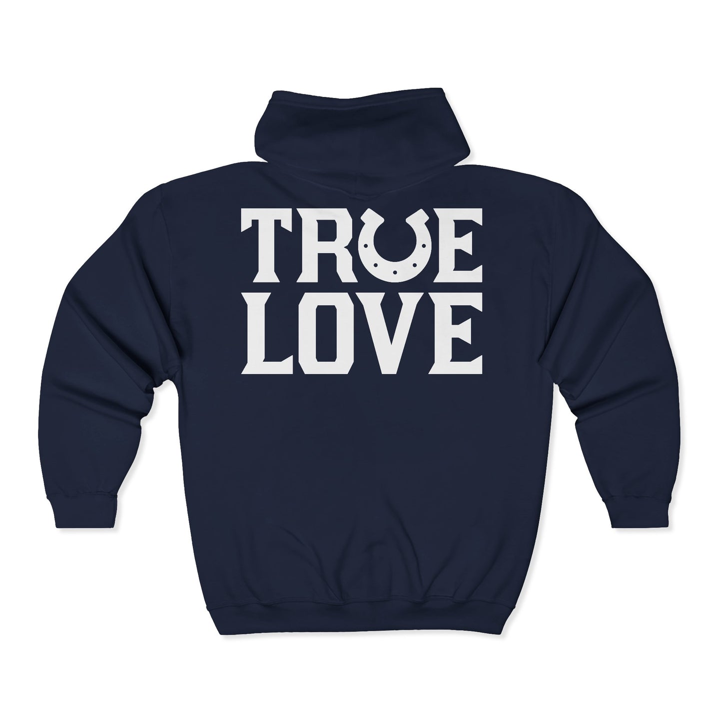 Navy blue hoodie with 'TRUE LOVE' text on the back against a white background