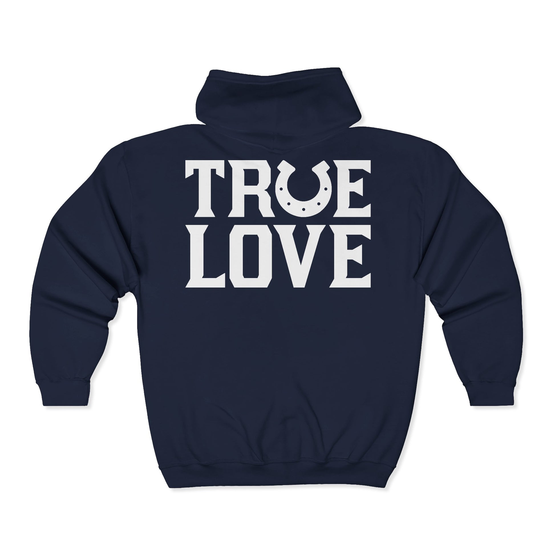 Navy blue hoodie with 'TRUE LOVE' text on the back against a white background