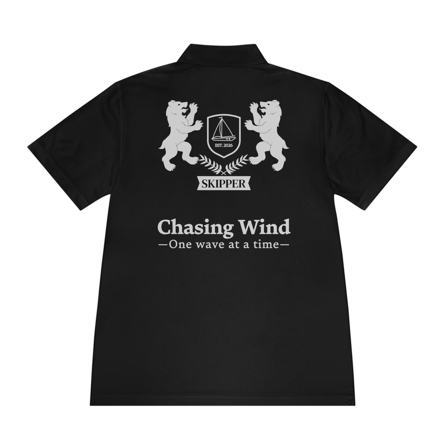 Sailing Polo Shirt Black shirt with white text and graphics on a white background