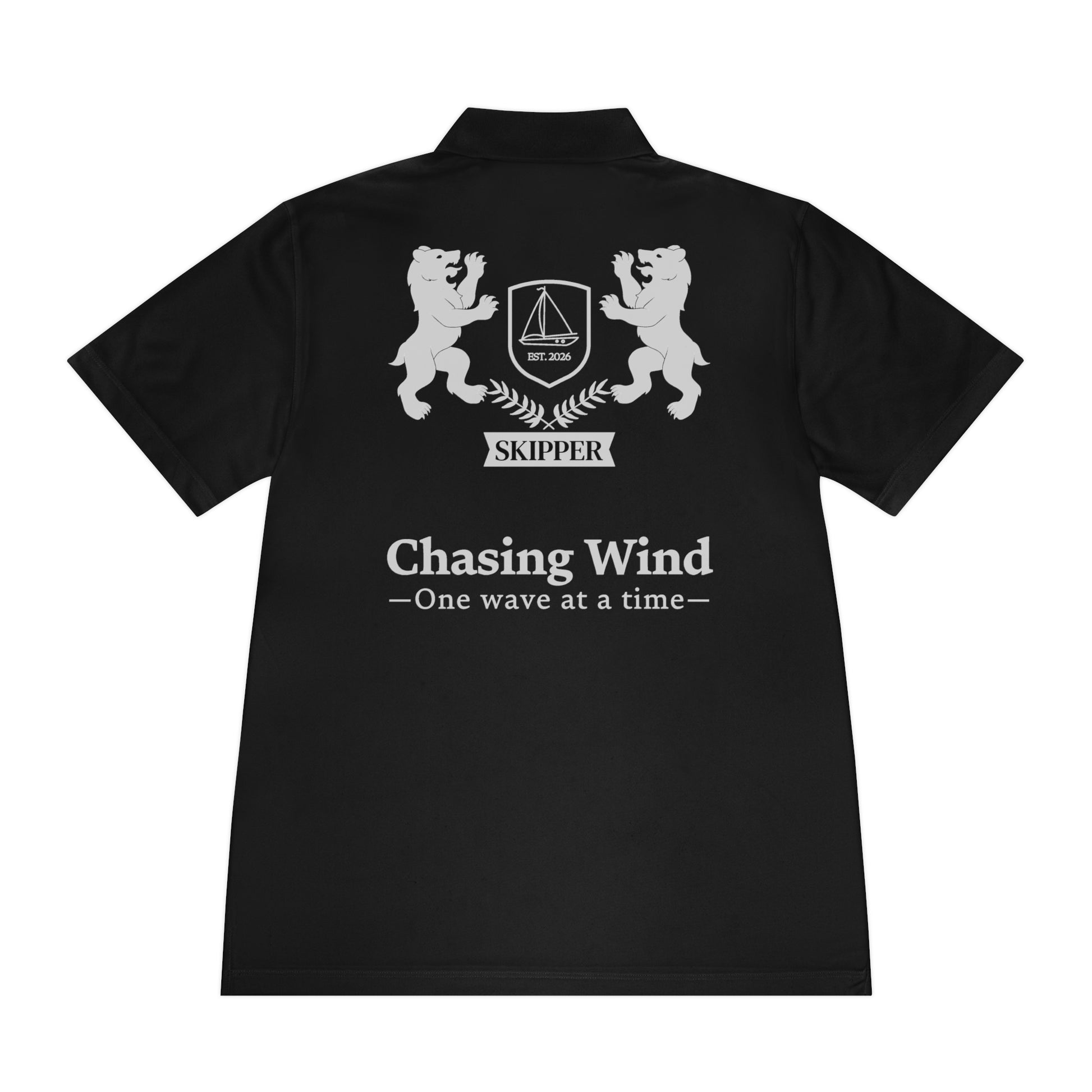 Sailing Polo Shirt Black shirt with white text and graphics on a white background