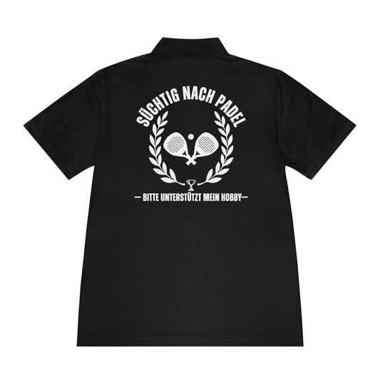 Black polo shirt with white text and graphics on the back