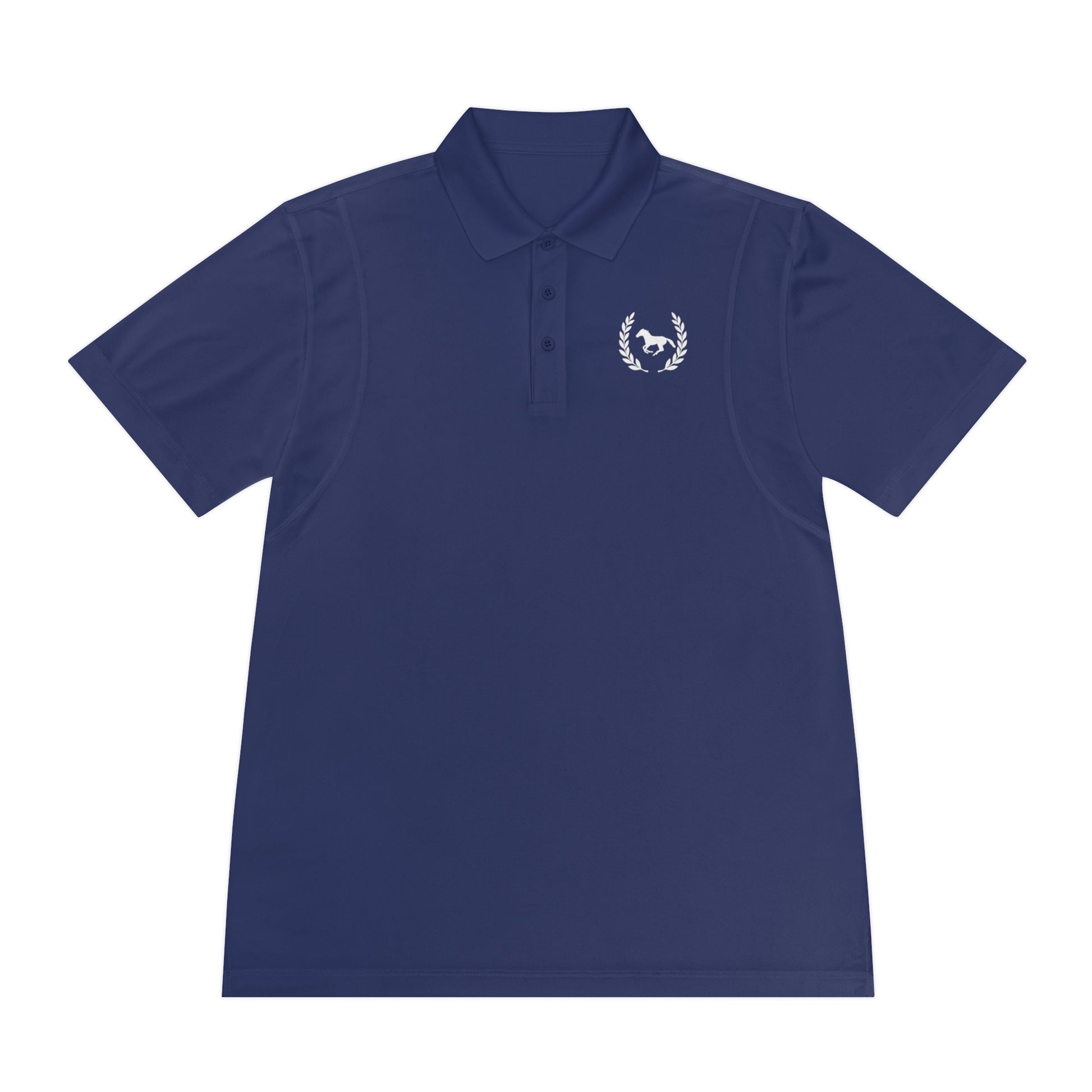 Navy blue polo shirt with a white logo on a white background