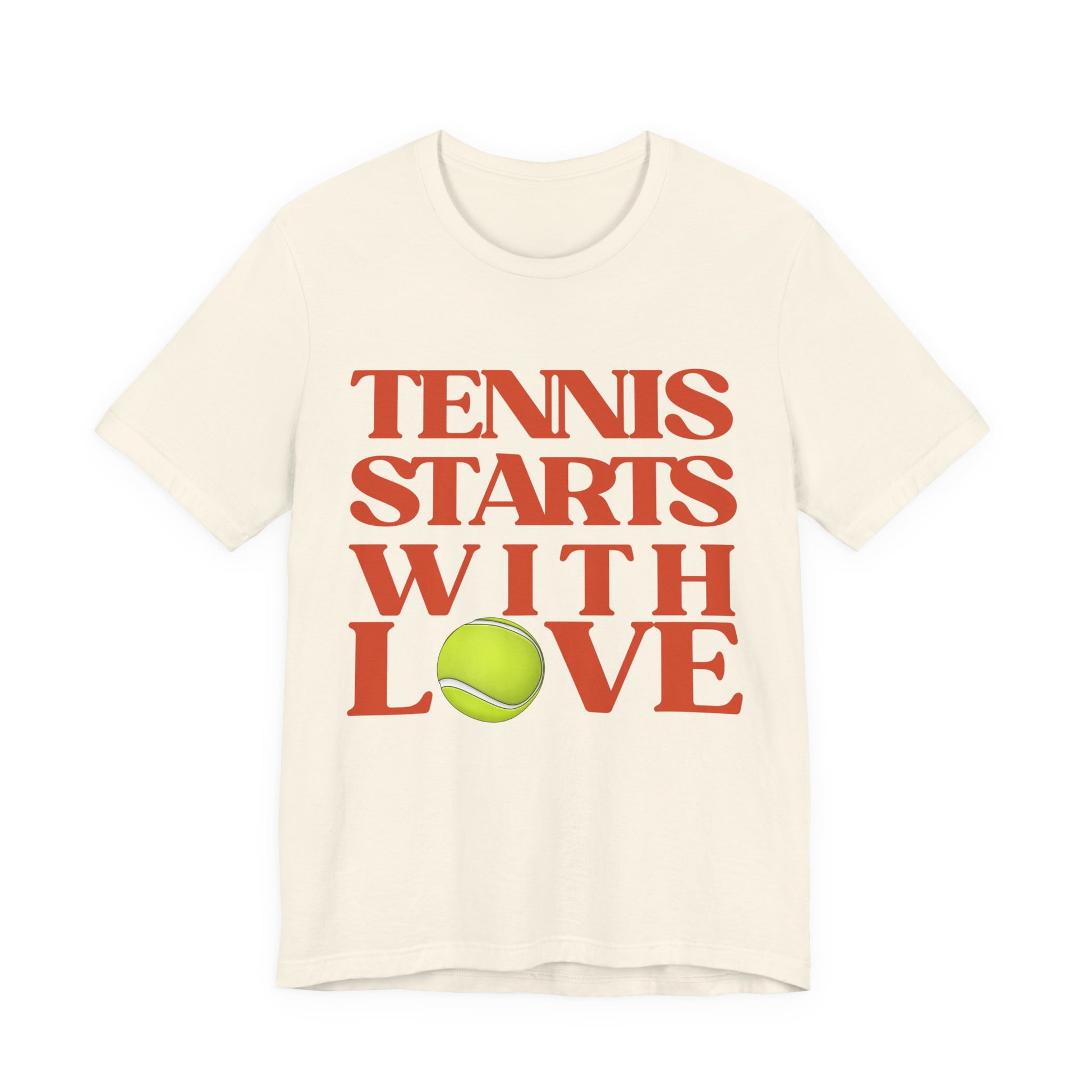 Beige t-shirt with 'Tennis Starts With Love' text and tennis ball graphic on a white background