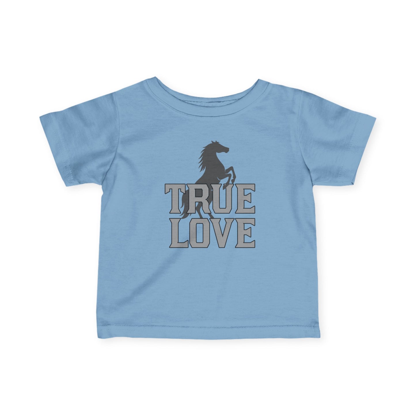 Light blue t-shirt with horse graphic and 'TRUE LOVE' text on a white background
