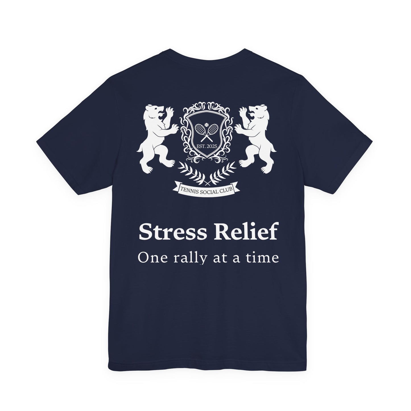 Black t-shirt with white graphic and text on a white background