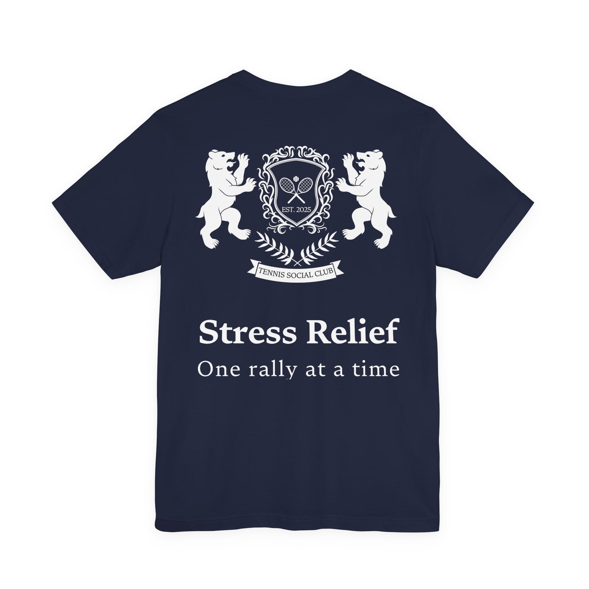 Black t-shirt with white graphic and text on a white background