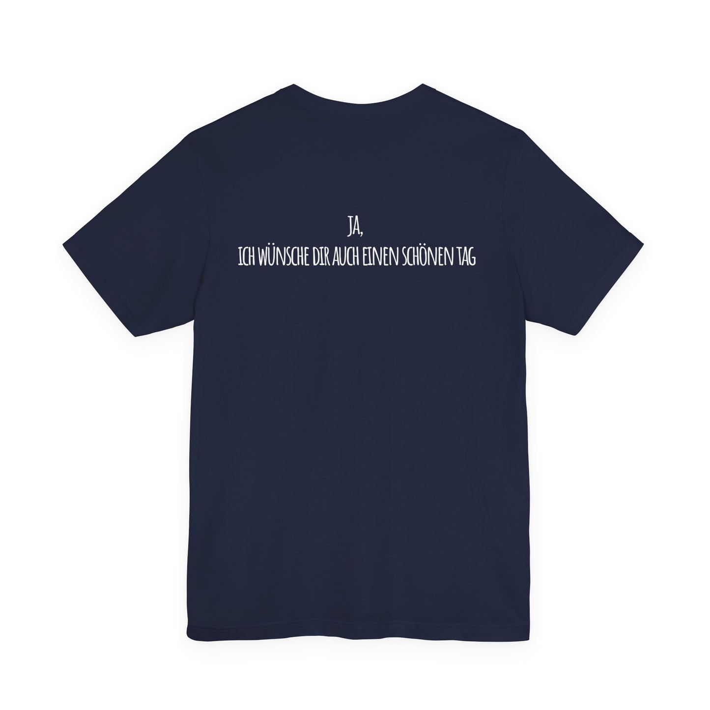Navy blue t-shirt with white text on the back against a white background