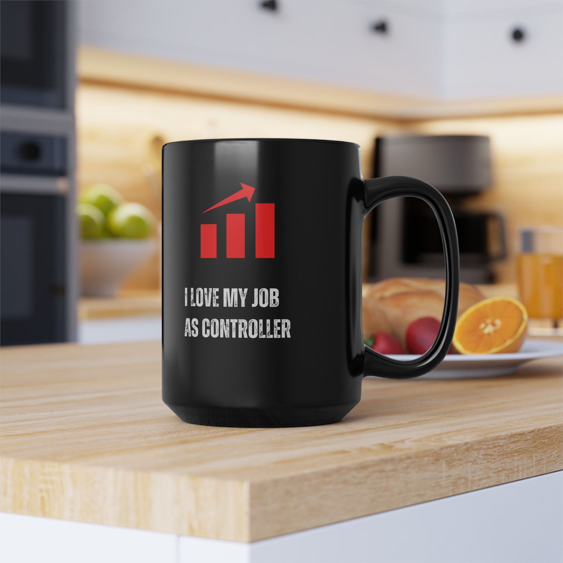 Office Controller Mug Black mug with a red and white graphic and text on a kitchen counter.