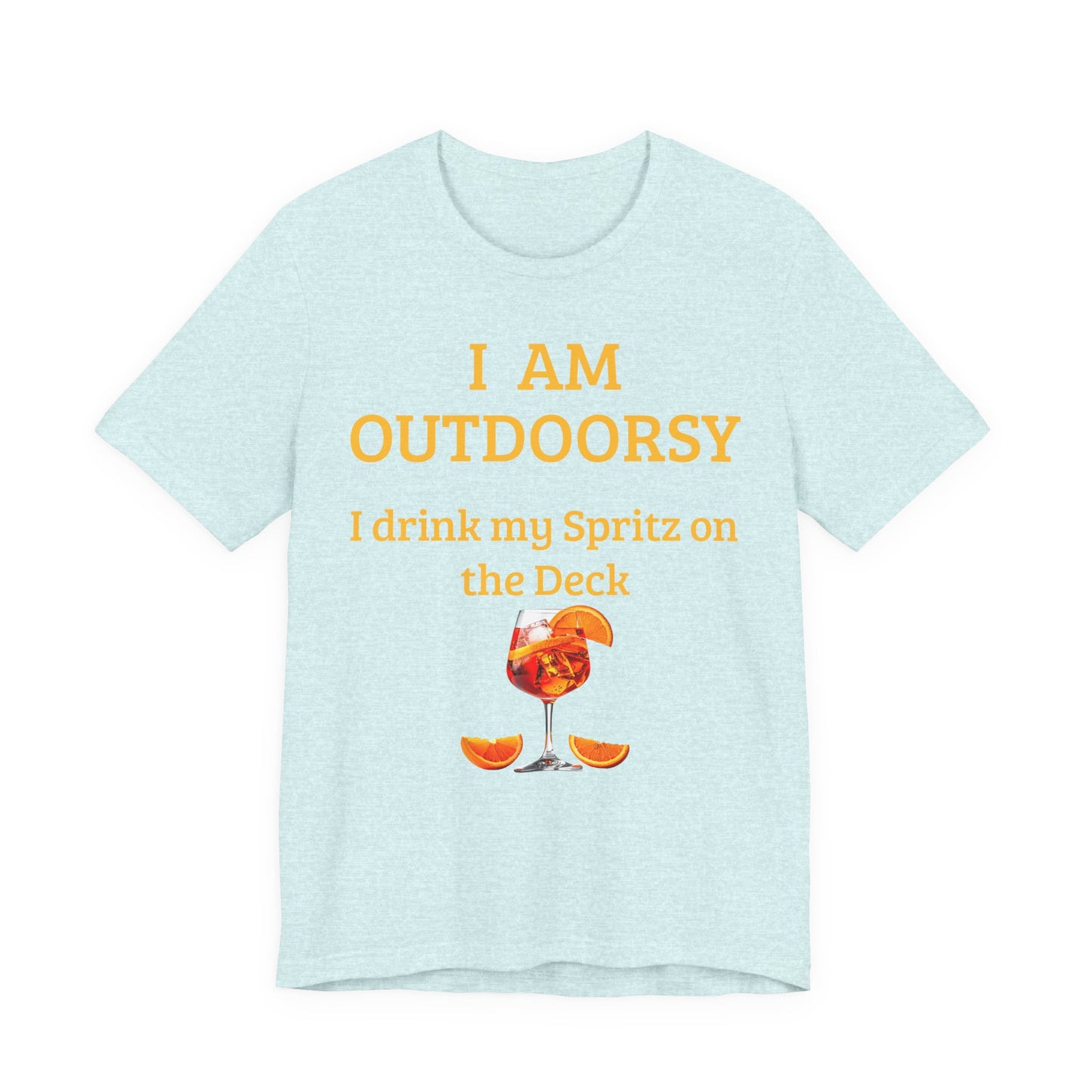 Funny Spritz Shirt Light blue t-shirt with yellow text and a cocktail graphic on a white background