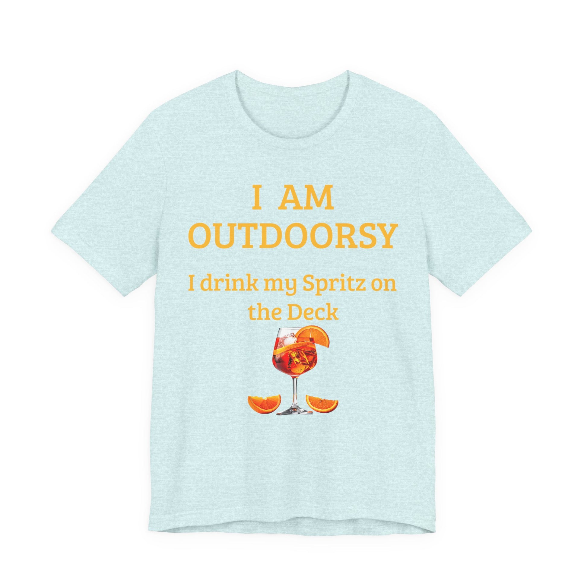 Funny Spritz Shirt Light blue t-shirt with yellow text and a cocktail graphic on a white background