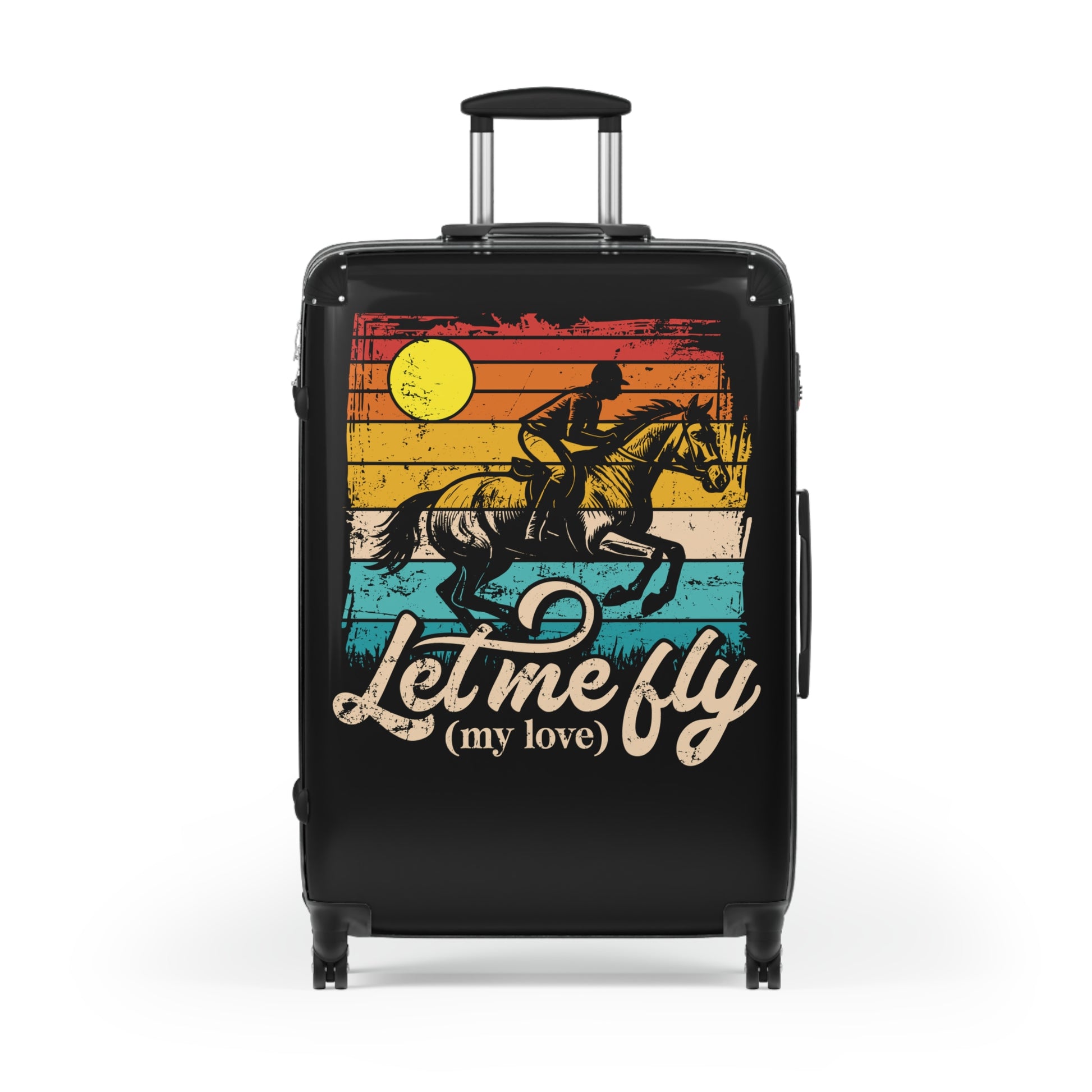Black suitcase with a horse and rider design and 'Let me fly (my love)' text on a white background