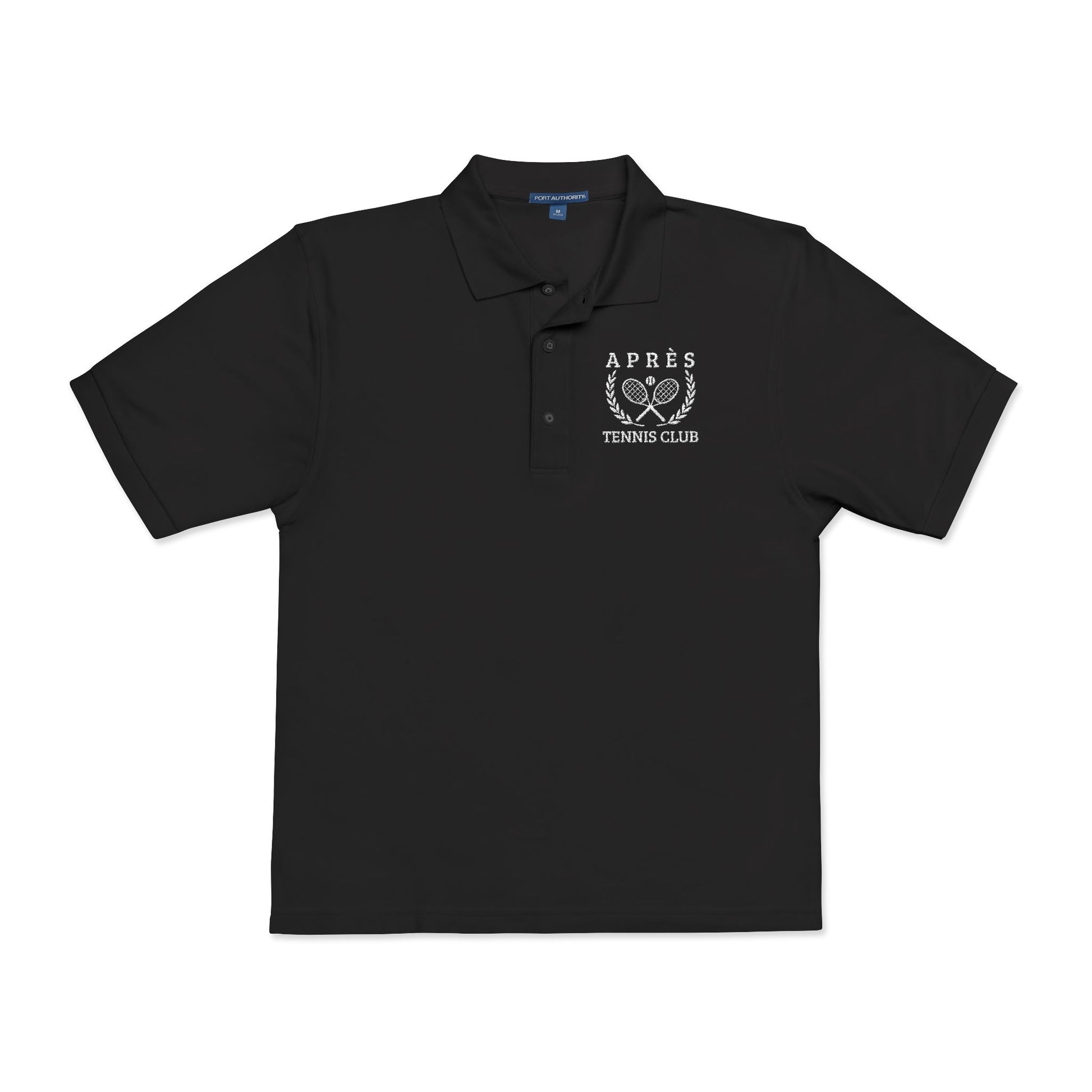 Tennis Polos Black polo shirt with a logo on the chest against a white background