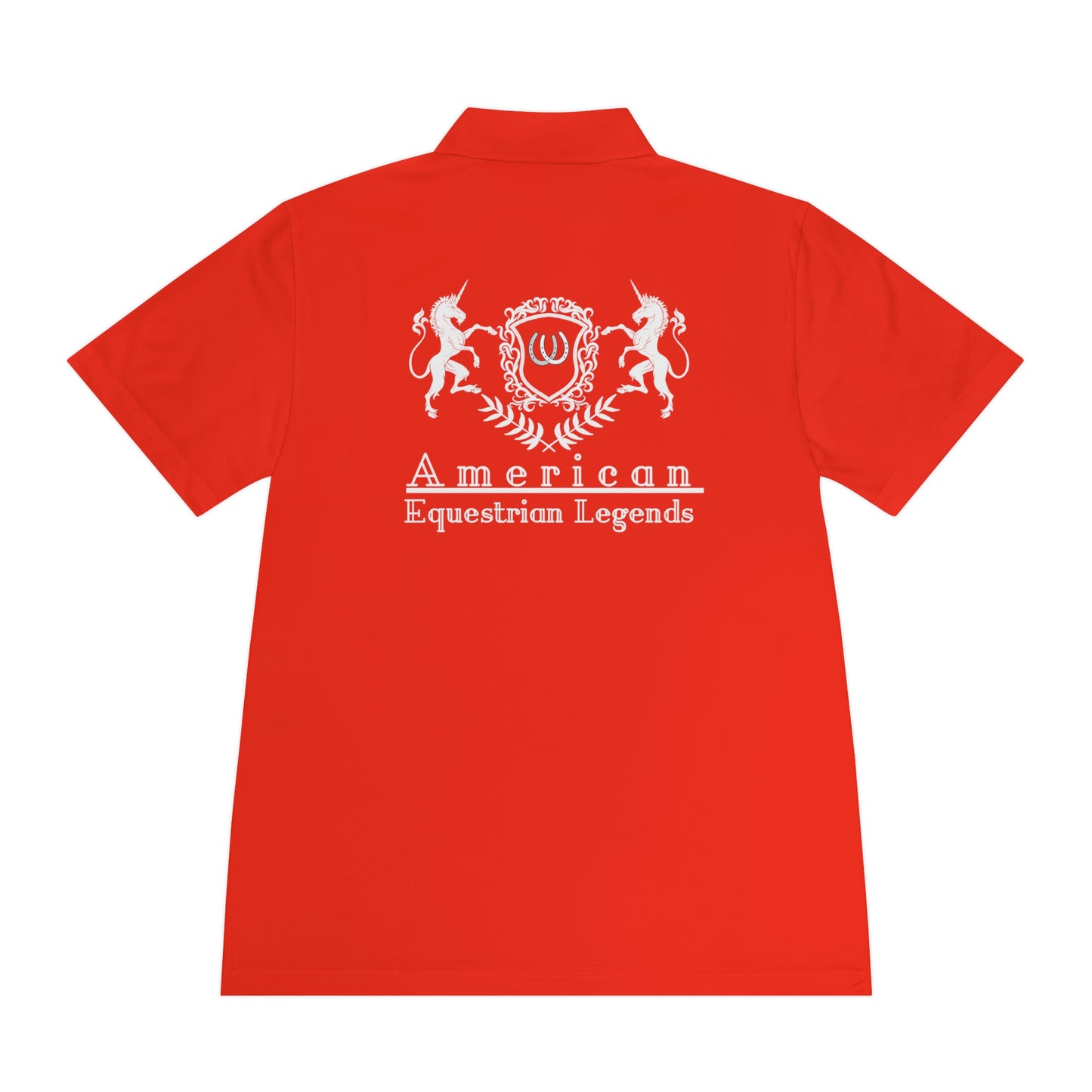 Red shirt with 'American Equestrian Legends' logo on the back against a white background