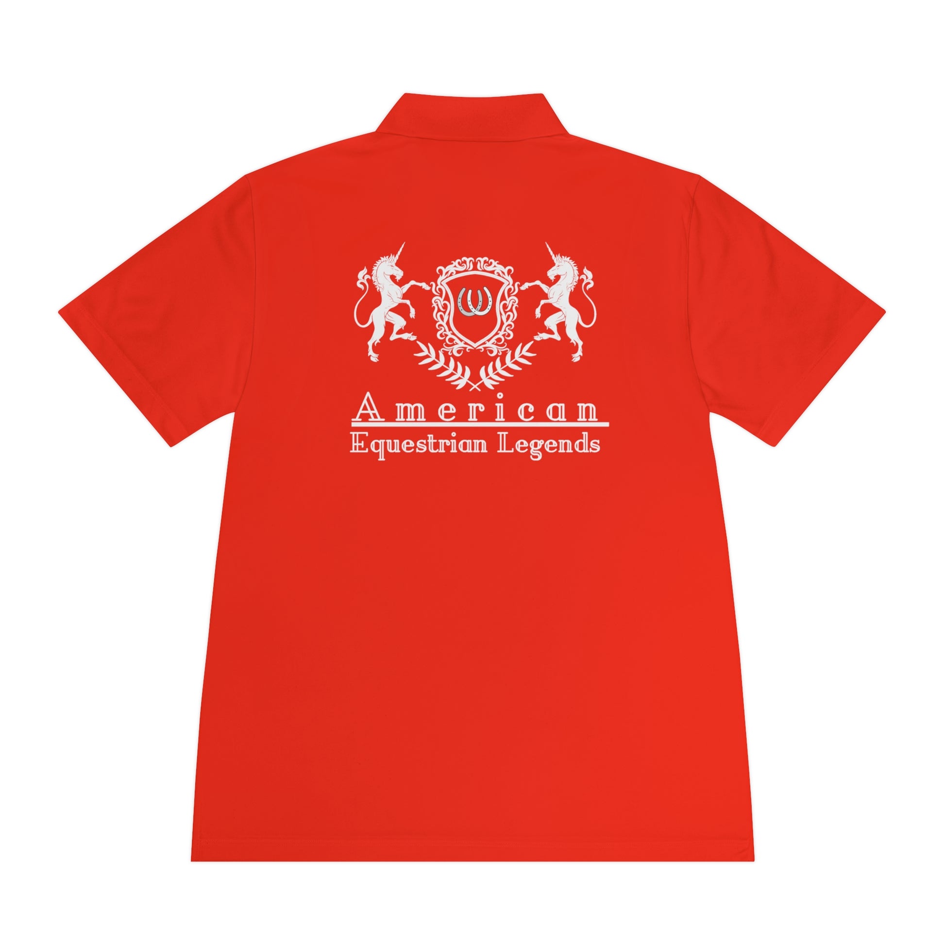 Red shirt with 'American Equestrian Legends' logo on the back against a white background