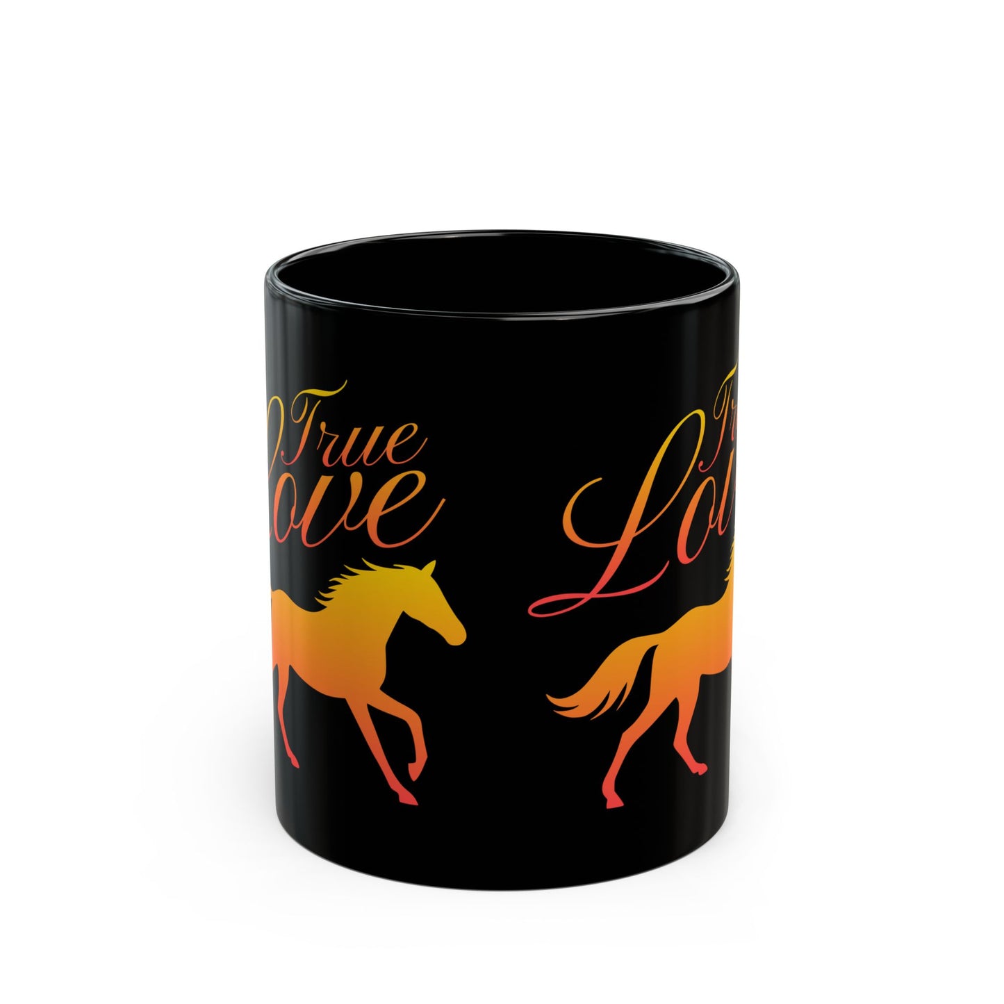 Black mug with orange horses and 'True Love' text on a white background
