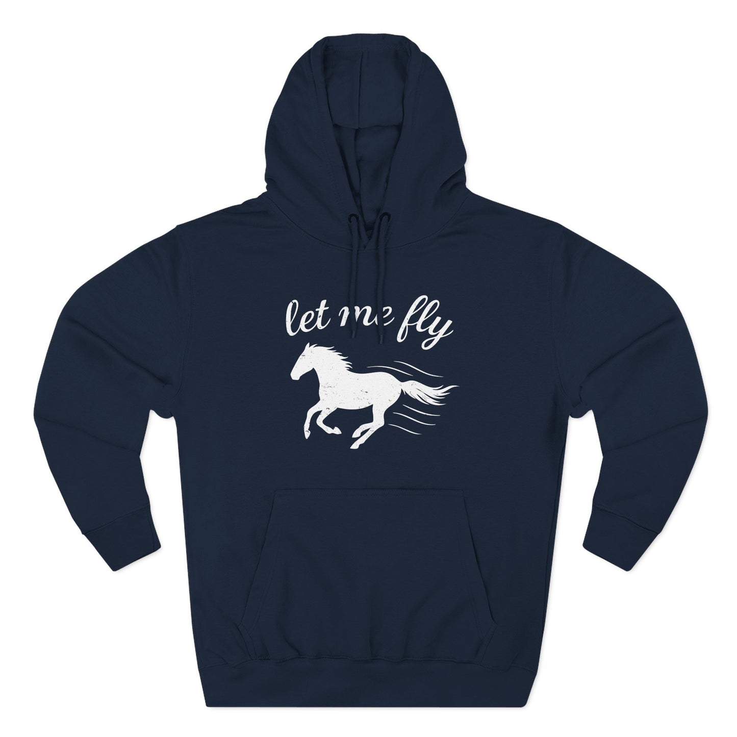 Navy blue hoodie with white horse graphic and 'let me fly' text on a white background