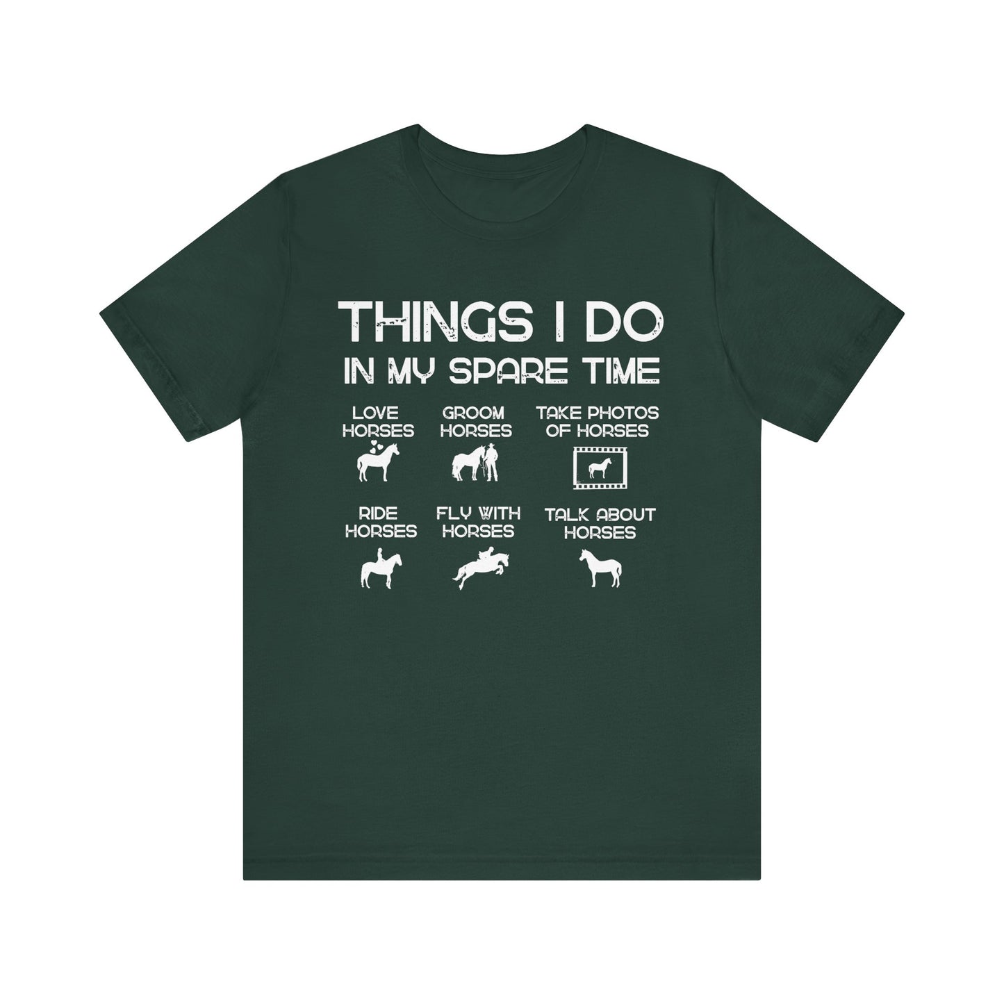 Green t-shirt with white text and horse-related graphics on a white background
