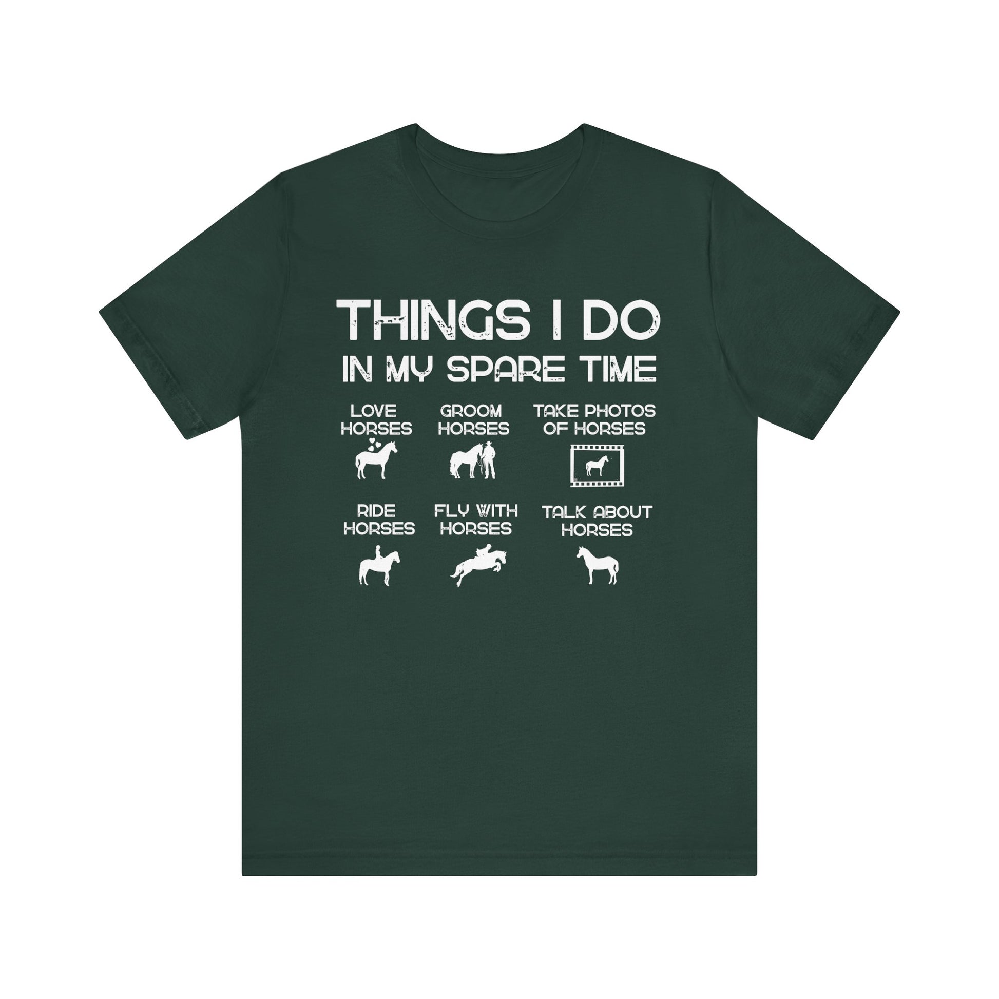 Green t-shirt with white text and horse-related graphics on a white background