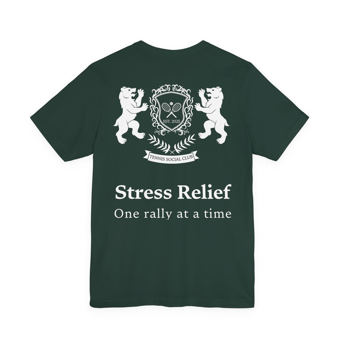 Green t-shirt with white logo and text on a white background
