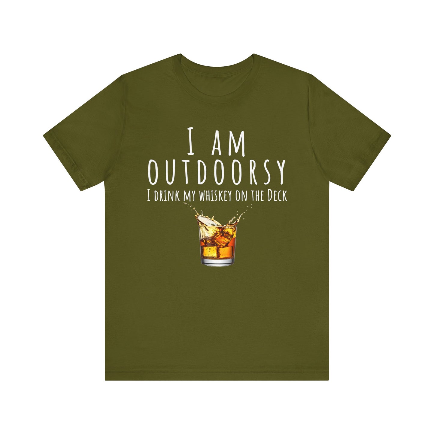 Green t-shirt with whiskey graphic and text on a white background