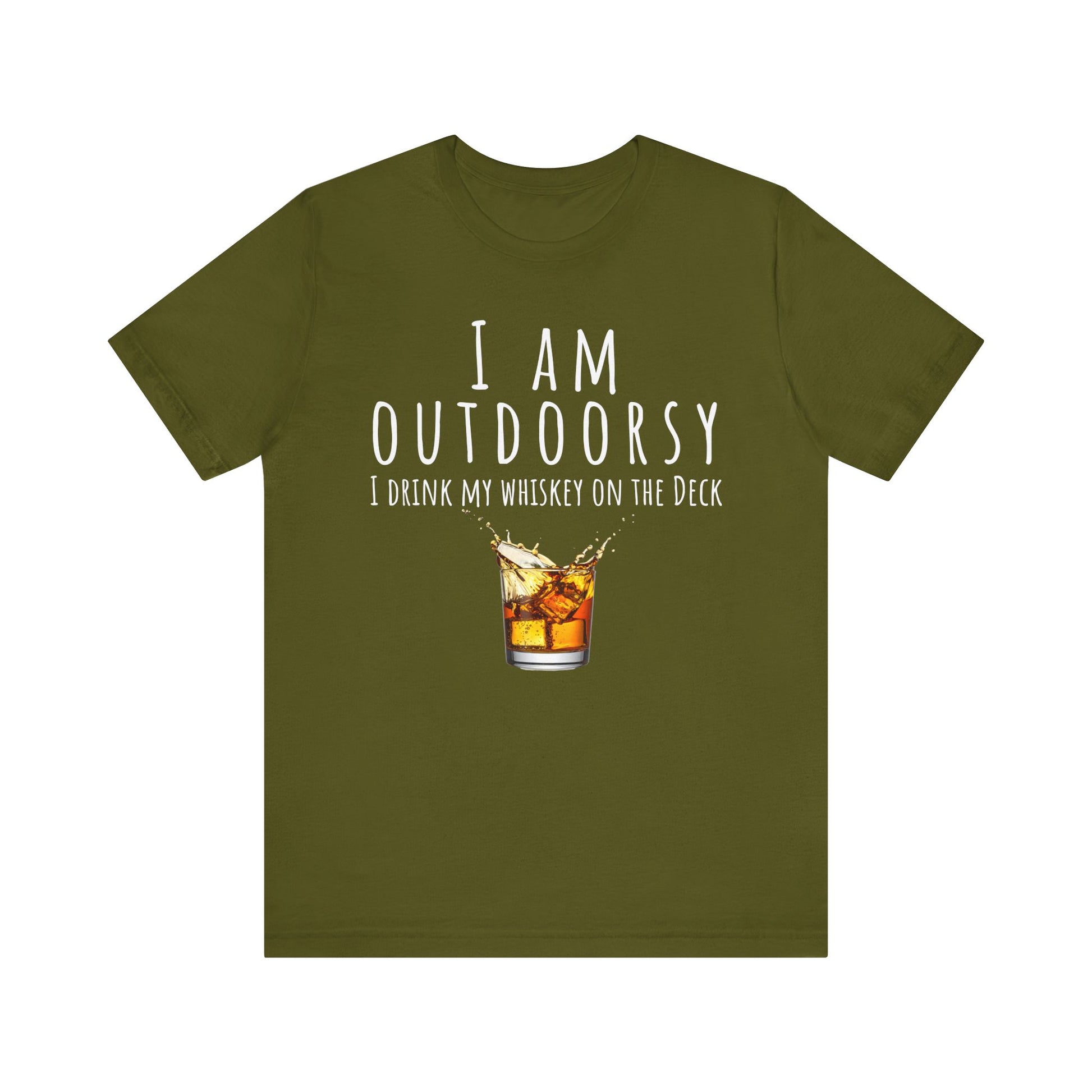 Green t-shirt with whiskey graphic and text on a white background