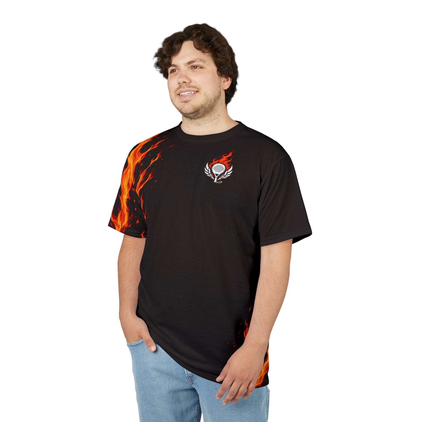 Performance Padel Shirt Person wearing a black t-shirt with flame design on sleeves and a logo.