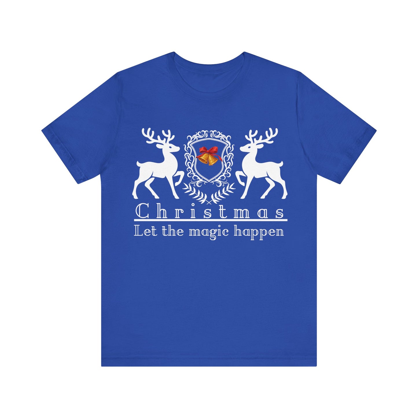 Blue t-shirt with Christmas design featuring deer and text on a white background