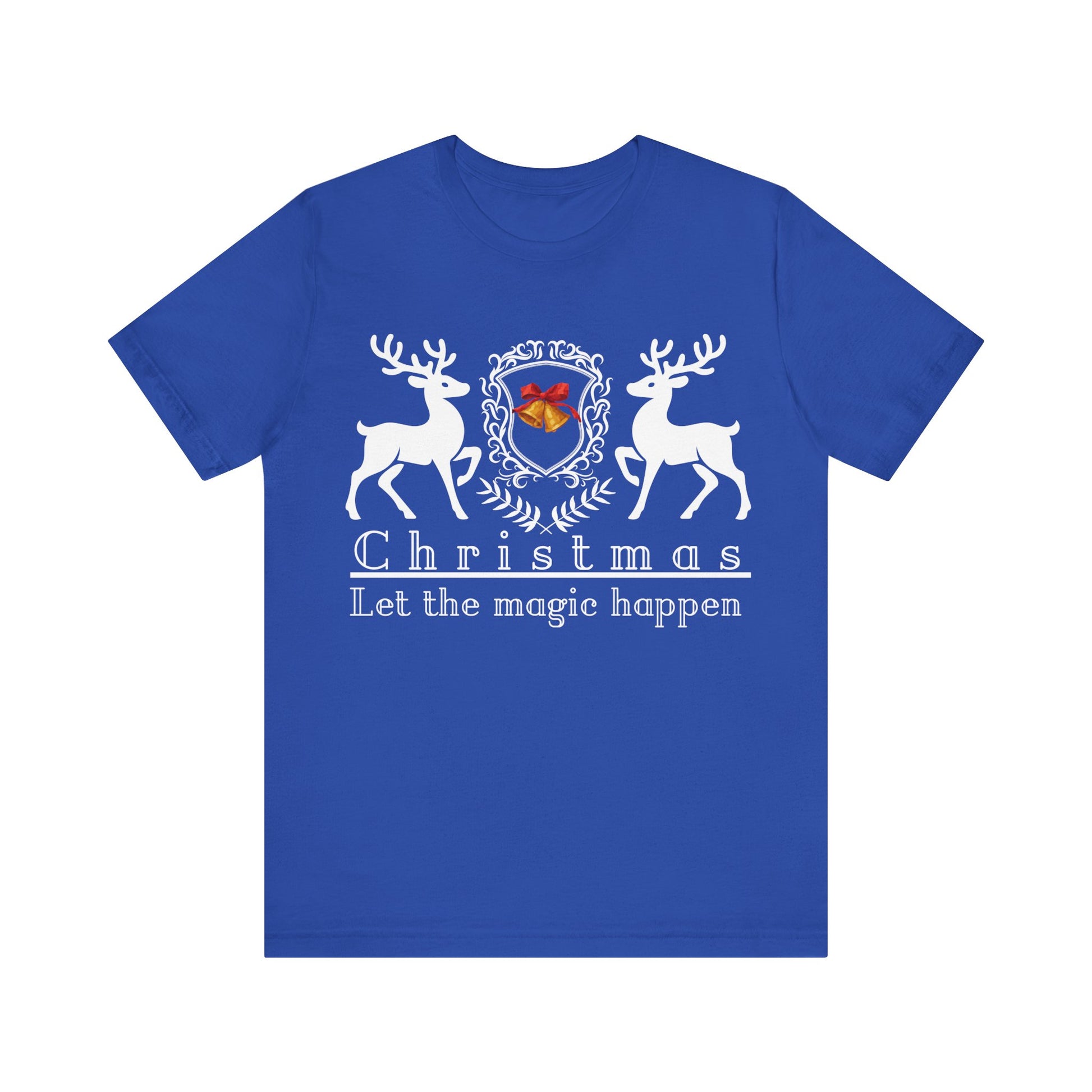 Blue t-shirt with Christmas design featuring deer and text on a white background