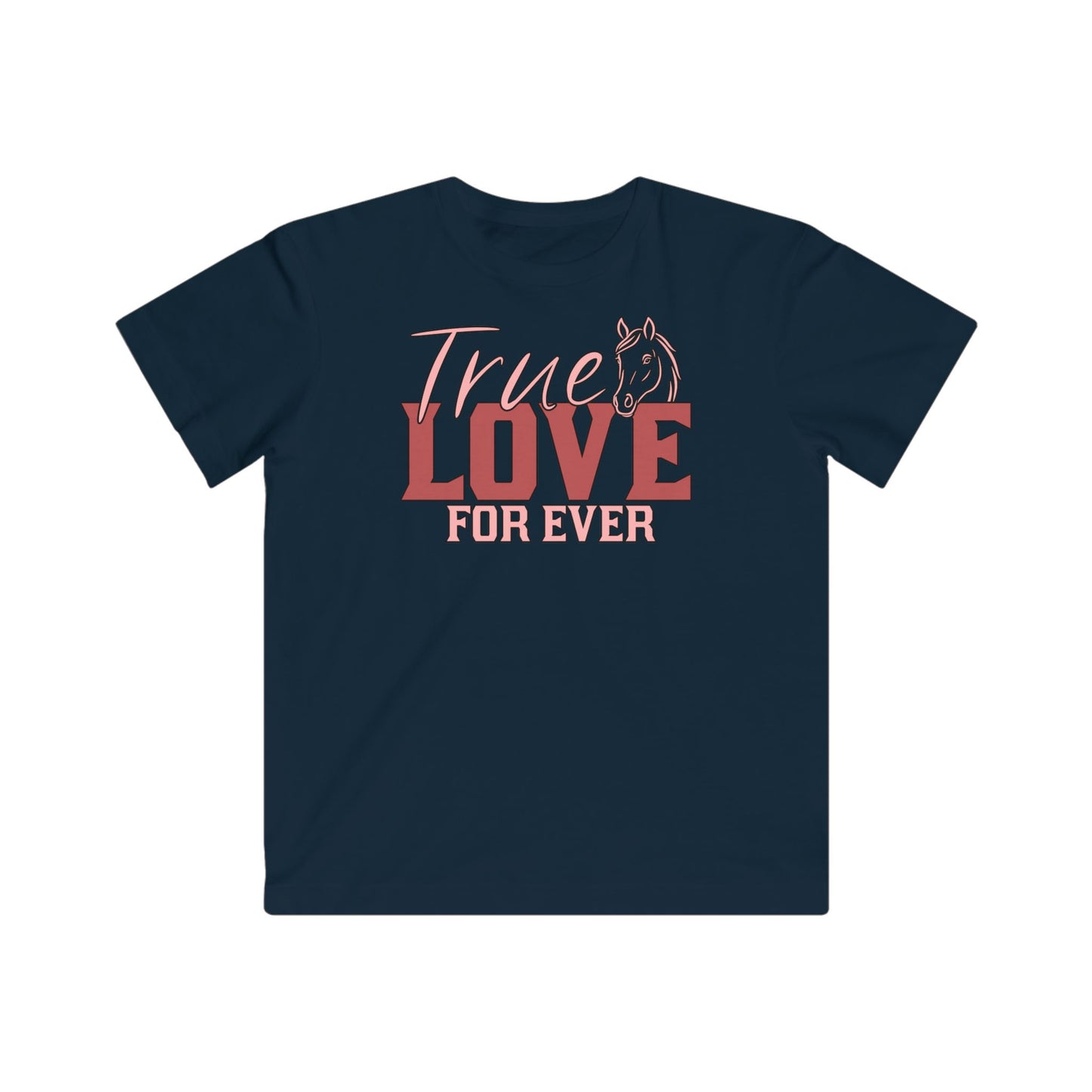 Navy blue t-shirt with 'True Love For Ever' text and horse graphic on a white background