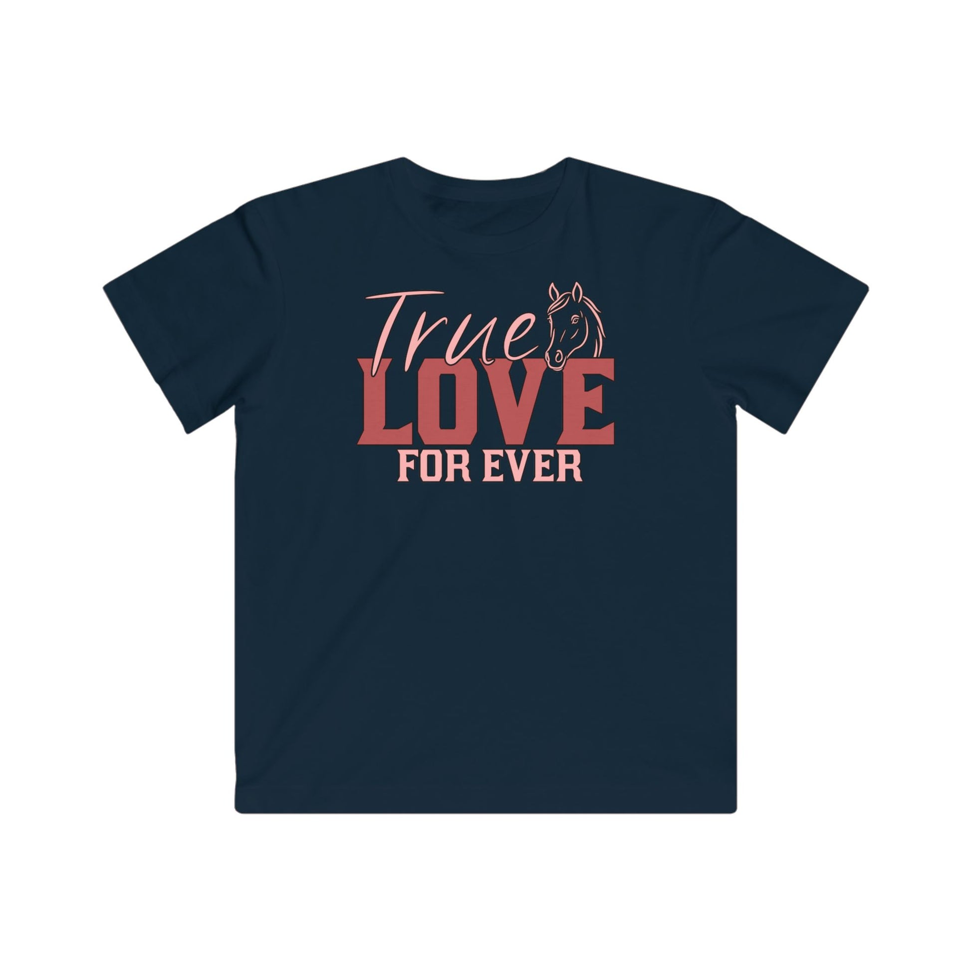 Navy blue t-shirt with 'True Love For Ever' text and horse graphic on a white background